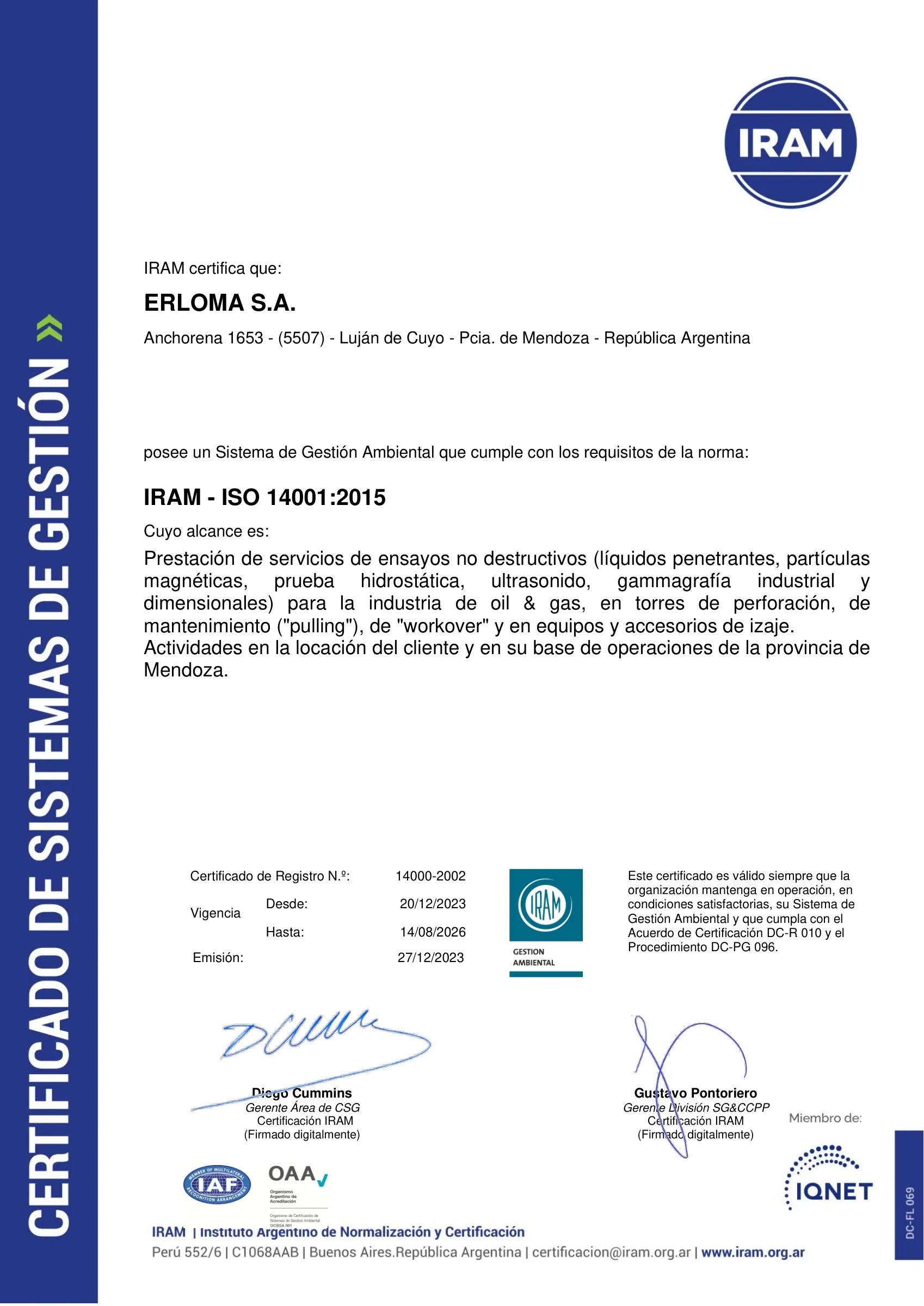 Primera página del certificado ISO 14001 emitido por IRAM