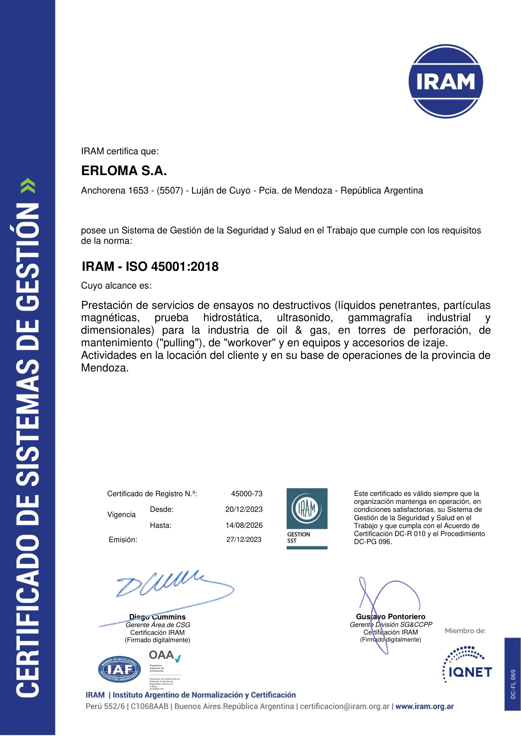 Primera página del certificado ISO 45001 emitido por IRAM