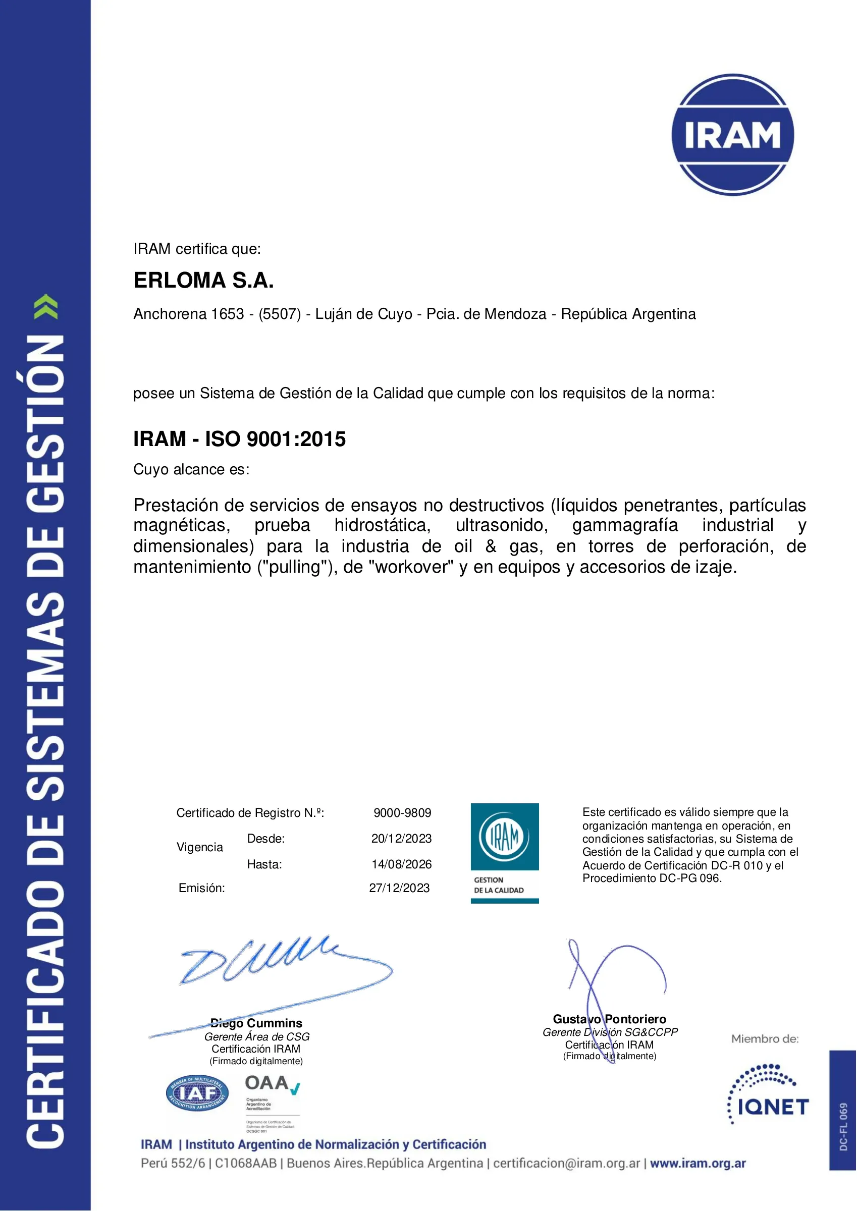 Primera página del certificado ISO 9001 emitido por IRAM